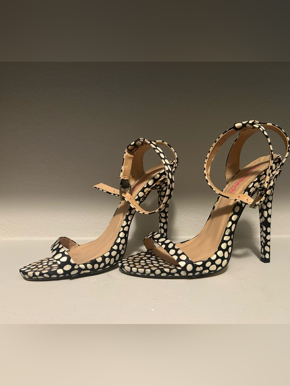 JustFab Black and White Polka Dot Ankle-Strap High Heel Sandals